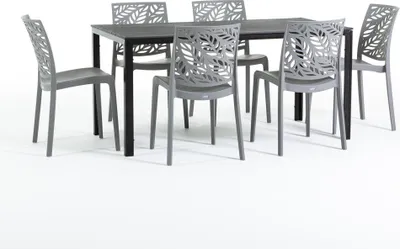 Produktbild von Outdoor-Essset mit rechteckigem Tisch 156x78 cm und 6 stapelbaren Stühlen aus glasfaserverstärktem Harz – modernes Design in Holzoptik, ideal für Garten, Terrasse und überdachte Außenbereiche – THOMAS+DAFNE - Dunkelgrau/Anthrazit