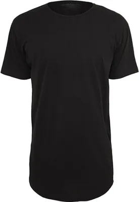 A plain black t-shirt is shown against a white background.