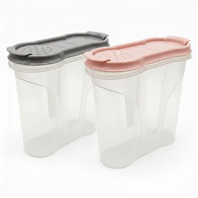 Two clear plastic storage containers with gray and pink lids, respectively, are shown side-by-side against a white background.