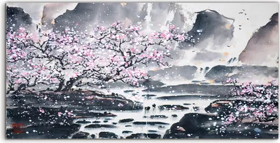 Produktbild von Coloray Acrylbild 140x70  Wandbild Acrylbilder Chinesisch Landschaft Kirsch Berg Baum