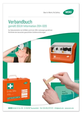 Produktbild von WERO Verbandbuch, 64 Blatt, gem. DGUV Information 204-020 zur Dokumentation der Erste-Hilfe-Leistungen - DIN A4
