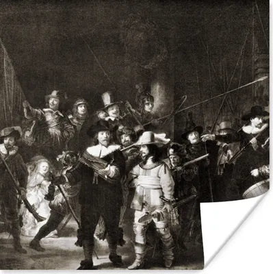 Produktbild von MuchoWow® Poster Die Nachtwache in Schwarz und Weiß - Rembrandt van Rijn 30x30 cm - Wandposter - Printing