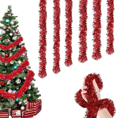 Produktbild von Lametta Girlande Rot 6 Stück x 2M Glänzend Weihnachtsbaum Deko Draht PET 12M