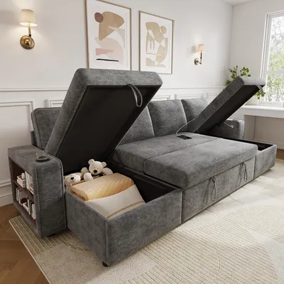 Produktbild von okwish Ecksofa mit USB und ausziehbares Schlafsofa, Wohnzimmersofa mit Armlehnen‑Ablage und Becherhalter, U-förmiges Sofa Viel Stauraum, Grau