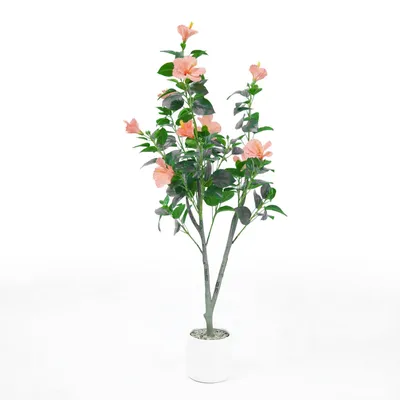 Produktbild von Künstlicher Kamelienbaum - Bodenpflanze im Topf - 110 cm Höhe - Seide - Für den Außenbereich - 1 Stück - Weißer Topf - Tiefrosa