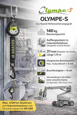 Productafbeelding van Kratos Safety Olympe-S veiligheidsgordel, valbeveiligingssysteem voor hoogwerkers, met valdemper en geïntegreerd remsysteem, dubbele randcontrole, 1,75 m, EN360, persoonlijke beschermingsmiddel