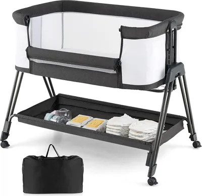 Produktbild von 7-stufig Höhenverstellbares Beistellbett mit Matratze, Babybett Klappbar mit Verstellbarem Neigungswinkel & Universalrädern & Befestigungsgurten, Reisebett Baby 0-6 Monate