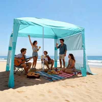 Produktbild von Strandzelt - Strandpavillon Cabana - Maße 2,4 x 2,4 m (240 x 240 cm) - UPF 50+ Sonnenschutz - Mit Seitenwand & Sandsäcken - Höhenverstellbar & Tragbar - Grün