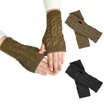 Produktbild von 2 Paar Handstulpen Damen Grau/Khaki Gestrickt Fingerlos Dehnbar 20x6cm
