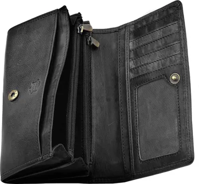 Produktbild von Damengeldbörse Portemonnaie Leder Used Look Reißverschluss Überschlag Unifarben Schwarz