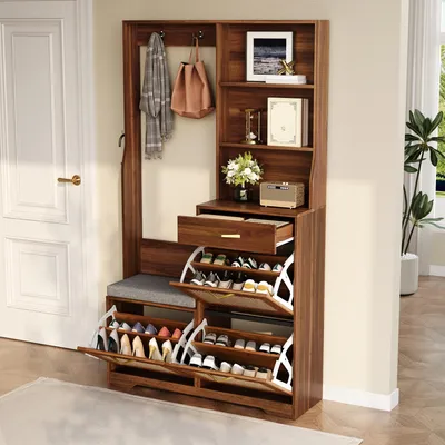 Produktbild von okwish Multifunktional Garderobenschrank mit Sitzbank und 3 Klappschuhfächern, Eingangsschrank mit Kleiderhaken und Schubladen,Nussbaum