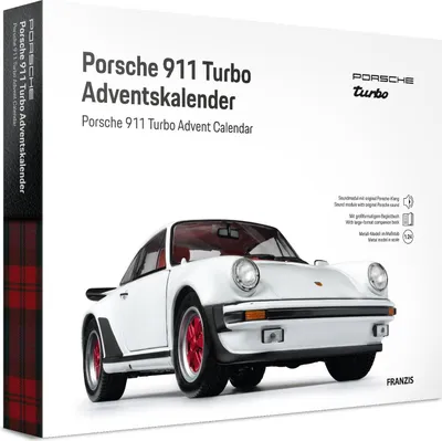 A white Porsche 911 Turbo model is shown on a white background, with text and logos indicating it is an advent calendar.