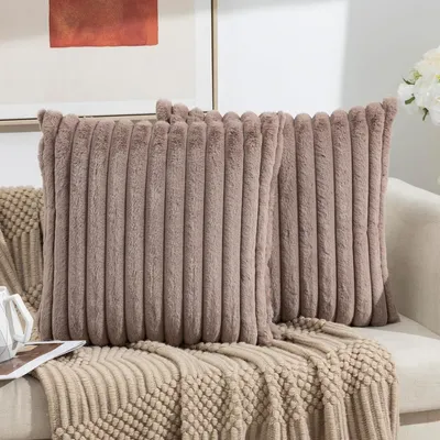 Produktbild von MODFU 2er Set Kunstpelz Plüsch Dekorative Kissenbezüge Flauschig Gestreifte Weich Dekorative Kissenbezug für Sofa Schlafzimmer Kissen Shell 50 x 50 cm Hellbeige