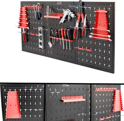 Produktbild von Dreiteilige Werkzeugwand Lochwand Lochplatte Werkzeugregal Wandhalterung Werkstatteinrichtung Lochblech Metall Rot MS-18990