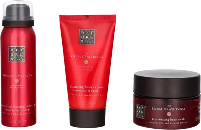 Obrázek produktu pro Tělový peeling 125 g / tělový krém 70 ml / pěnivý sprchový gel 50 ml Rituals Trial Ayurveda Set