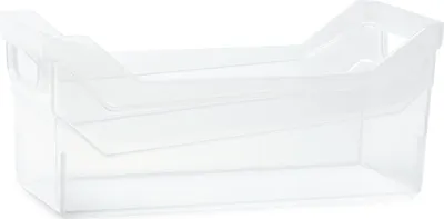 A clear, studio shot of a transparent plastic storage container.