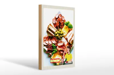 Produktbild von Holzschild Reise 20x30cm Spanien Europa Garnelen Oliven Wurst