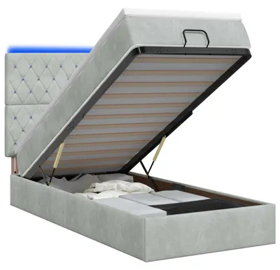 Image de Banc coffre avec matelas et éclairage LED, gris clair, 90 x 200 cm, revêtement en velours
