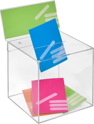 Produktbild von Losbox aus Acrylglas in 200x200x200mm mit Topschild DIN Lang Quer - Zeigis® / Spendenbox / Aktionsbox / Gewinnspielbox / transparent / durchsichtig / Acryl