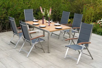 Produktbild von Merxx Gartenmöbelset "Ferrara" 7tlg. mit Ausziehtisch 180/240 x 100 cm - Edelstahlgestell mit Textilbespannung Grau und Akazienholz