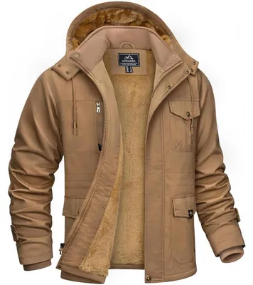 Productafbeelding van Winterjas voor heren, warm gevoerd, met afneembare capuchon, cargojas, rechte kraag, kleur: lichtbeige