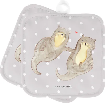 Produktbild von Mr. & Mrs. Panda Topflappen Otter Hände halten - Grau Pastell - Geschenk, Seeotter, Topflappenset, topfhalter, Topfuntersetzer, Paar, Verliebt, Doppel, Liebe, glücklich
