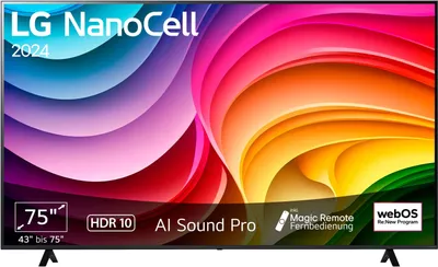 A marketing image for an LG NanoCell TV, showcasing its features and specifications.