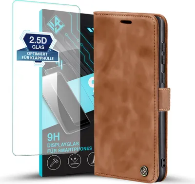 Produktbild von Handy Hülle für Samsung Galaxy S25 Ultra mit 9H Displayglas Klapphülle Bookcase Flip Cover Handy Tasche Etui Farbe: Hellbraun