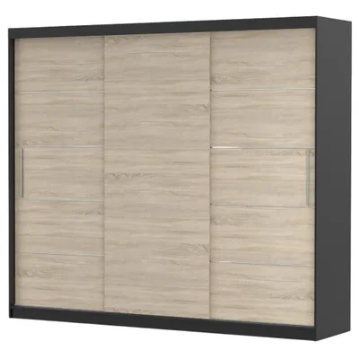 Produktbild von Schwebetürenschrank Alba 250 cm Schwarz/Sonoma, ohne Spiegel und LED.