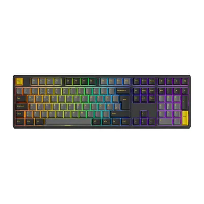 A top-down view of a black and gold wireless gaming keyboard with RGB backlighting.