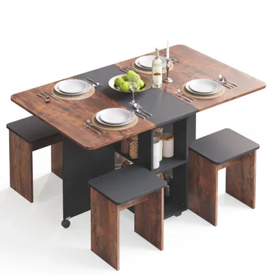 A dining table set with four stools, arranged on a white background.