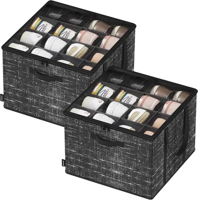 Image de Organisateur à chaussures - Lot de 2 - Pliable avec couvercle transparent - Chaque unité pour 16 paires - 42 x 42 x 31,8 cm