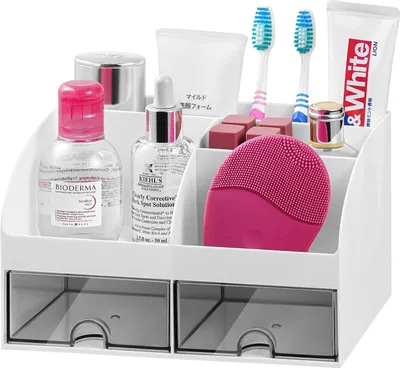 Produktbild von Zahnbürstenhalter für die Badezimmerablage, 8 Fächer, Zahnpasta-Organizer mit Schubladen, Kunststoff-Organizer für Waschtisch/Schminktisch/Büro, Weiß