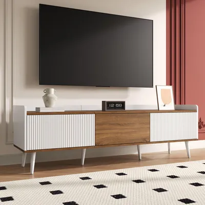 Produktbild von Merax TV-Schrank mit 3 Türen, TV-Lowboard 160 cm mit Stauraum, Glas-Design, stabil, modern, Wohnzimmermöbel Holzoptik Weiß und Natur