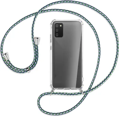 Produktbild von Handykette Backcover-Schutzhülle mit Band (Metall silberfarben) für Samsung Galaxy A02s - grün/blau/weiß