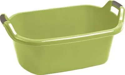 A green plastic basin with gray handles on a white background.