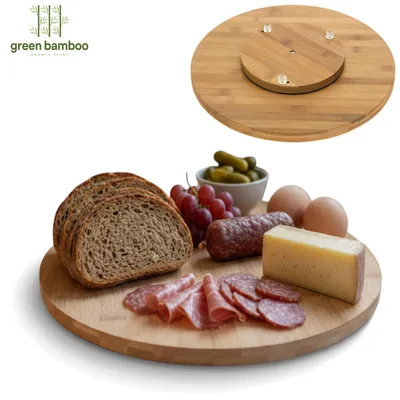 Produktbild von LS-LebenStil Servierplatte Drehteller Bambus 35cm Holz-Tablett drehbar Drehtablett Serviertablett Pizza-Teller Servier-Brett Vesper Käse Torten-Platte