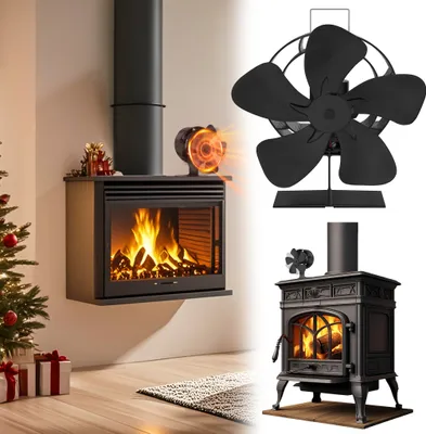 Obrázok produktu pre UISEBRT krbový ventilátor s 5 lopatkami, tichý krbový ventilátor s otočným dizajnom, hliníkový krbový ventilátor krbový ventilátor s cirkuláciou tepla