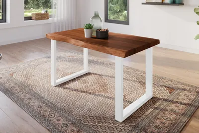 Produktbild von Esstisch 140 x 80 cm Akazie massiv nussbaum Baumkantentisch U-Gestell weiß ATLAS