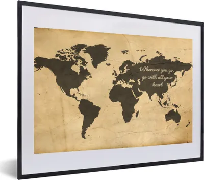 Produktbild von MuchoWow® MuchoWow® Gerahmtes Poster Weltkarte - Vintage - Zitat 60x40 cm - Poster mit zchwarzem Bilderrahmen - Schlafzimmer - Plakat in Rahmen - Drucken