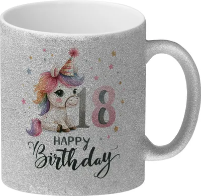 Produktbild von 18. Geburtstag mit niedlichem Pferd Glitzer-Kaffeebecher mit Spruch Happy