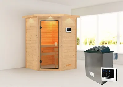 Produktbild von Karibu Sauna Innensauna Antonia Eckeinstieg Ofen 9 KW externe Strg easy 173x159x191 cm mit Dachkranz