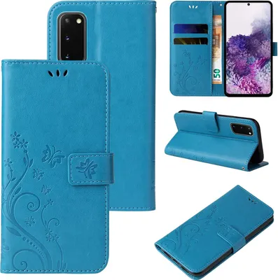 A collage of images showing a blue flip phone case with floral and butterfly designs.