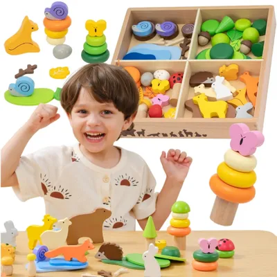 Produktbild von VIGA Holzbausteine, bunte "Waldmärchen"-Set, 58 Teile.