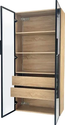 Zdjęcie produktu dla Szafka łazienkowa z oświetleniem LED, 2 szuflady, 2 szklane drzwi, 74x36x155 cm