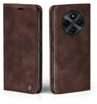 A brown flip case for a smartphone is shown from two angles.
