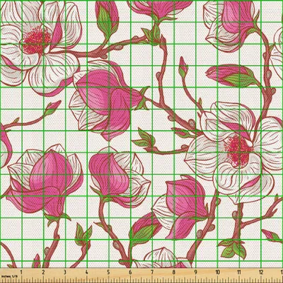 Produktbild von ABAKUHAUS Blume Gewebe als Meterware, Romantische Frühlings-Niederlassungen, die in Blumen-Rosa-Magnolien-Garten-Botanik platzen, 10 M (148 x 1000 cm), Grün Weiß Rosa