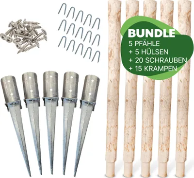 Produktbild von 5 Stk. teilgefräste Pfosten aus Kastanie, Länge 100 cm, Durchmesser 8 cm inkl. Einschlaghülsen, Schrauben und Krampen