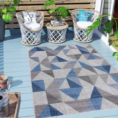 Produktbild von Carpeto Rugs Geometrisch In- & Outdoor Teppich Wetterfest für Balkon, Terasse - Balkon Teppich Wasserfest - Outdoorteppich Wetterfest - Aussenteppich Terrasse Groß - Blau Grau - 80 x 150 cm