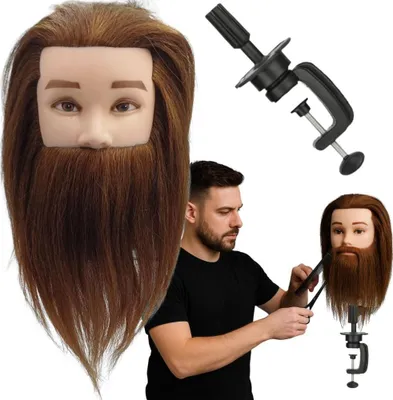 Image de Tête de coiffeur d'entraînement pour hommes avec barbe, tripode, cheveux naturels, 40c
